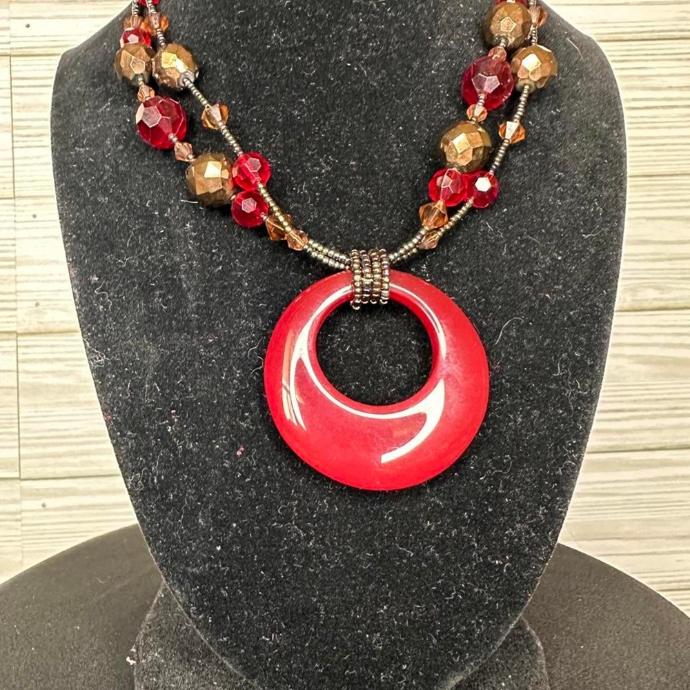 Lia Sophia Necklace Womens OS Red Excellent Beaded Resin Ring Statement Pendant - Picture 2 of 4